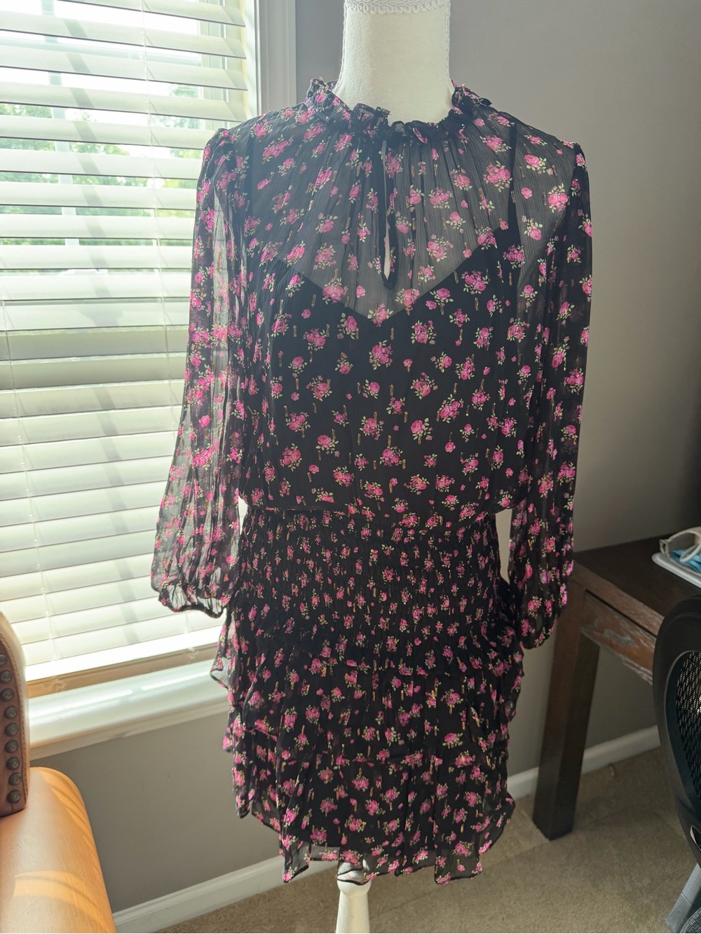 Shoshanna Black Long-Sleeve Mini Dress with Pink Floral Print